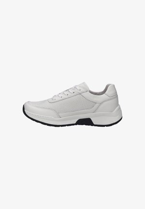 White leather sneaker with perforated design on the sides, padded collar, and black rubber sole. Laces and low profile enhance comfort.
