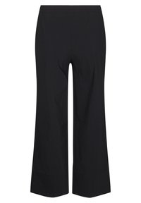 Zwarte wijde broek met een elastische tailleband, een soepele textuur en geen zichtbare zakken of versieringen. Eenvoudig ontwerp, lichtgewicht stof.