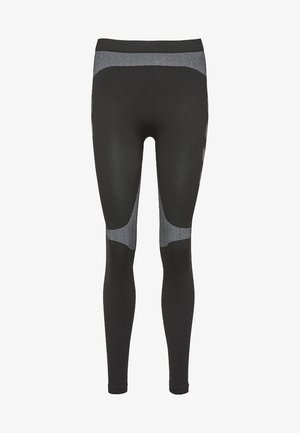 Black leggings made of stretchy fabric, featuring a contrasting gray waistband and knee accents with a smooth texture. No patterns present.