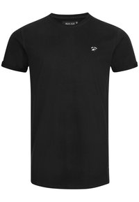 Sort bomulds T-shirt med kort ærme og rund hals, med et lille hvidt logo på brystet og optrukne ærmer. Enkel design, afslappet pasform.