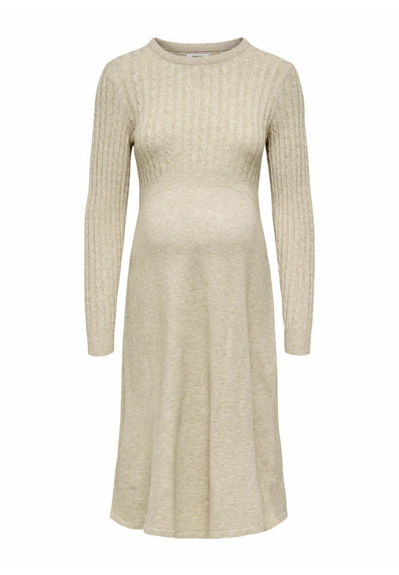 Gebreide zwangerschapsjurk in lichtbeige met een geribbelde structuur, lange mouwen en een aangesloten lijfje dat overgaat in een losse rok.
