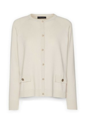 Cremefarbener Cardigan aus weichem Strickstoff, mit Rundhalsausschnitt, sieben Knöpfen und zwei vorderen Taschen mit Knopfakzenten.