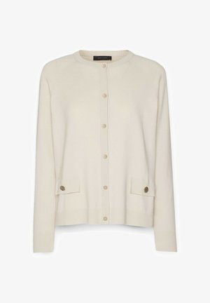 Cremefarbener Cardigan aus weichem Strickstoff, mit Rundhalsausschnitt, sieben Knöpfen und zwei vorderen Taschen mit Knopfakzenten.