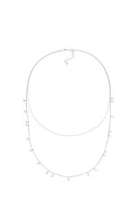 Silver-toned layered necklace with two chains; one features small circular accents. Sleek design, delicate links, and adjustable clasp.