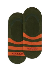 Calzini verdi con strisce orizzontali arancioni e verde scuro. Presentano una punta arrotondata e tessuto a maglia. Logo "GALLO" in rosso nella parte inferiore.