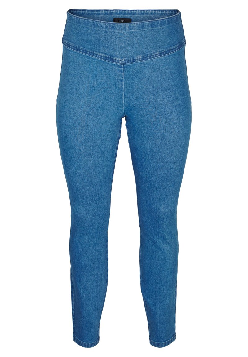 Denim jeggings med høj talje i en mellemblå farve. Har en glat, strækbar tekstur og et tætsiddende design, der taper ind ved anklerne.