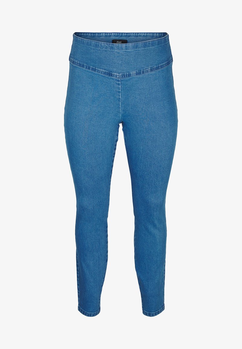 Denim jeggins s visokim pasom, v srednji modri barvi. Imajo gladko, elastično teksturo in prilegajočo se zasnovo, ki se na gležnjih zoži.