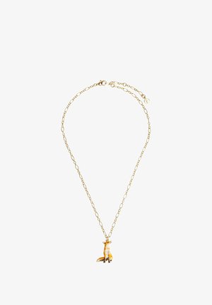 Złoty naszyjnik z łańcuchem z wisiorkiem w kształcie lisa, zdobionym pomarańczową i białą emalią oraz z zapięciem na karabińczyk.