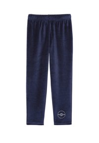 Marineblaue Samtjogginghosen mit einem elastischen Bund und einem weißen runden Logo am unteren linken Bein. Glatte Textur und gerades Design.