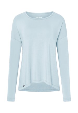 Light blue long-sleeve top made of soft fabric. Features a scoop neckline, relaxed fit, curved hem, and small logo accent near hem.