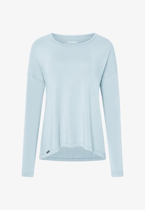 Top de manga larga azul claro, confeccionado en una tela suave. Presenta un escote redondeado, un corte relajado, dobladillo curvado y un pequeño logo cerca del dobladillo.