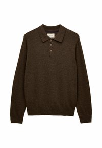 Dark brown long-sleeve polo sweater with three buttons and a collar, made from soft knit fabric, brand label inside collar.