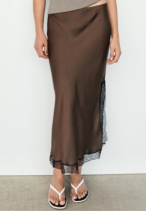 Massimo Dutti LACE-TRIMMED MIDI SKIRT - Maxirock - dark brown
