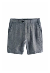 Shorts en tissu gris légèrement texturé avec une coupe ajustée, présentant deux poches avant, une fermeture à bouton et un design de taille classique.