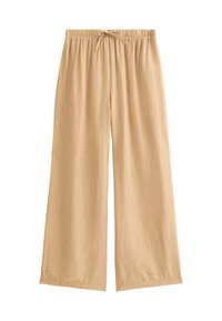 Pantalones anchos beige hechos de una tela ligera y texturizada, con cintura elástica y detalle de cordón.