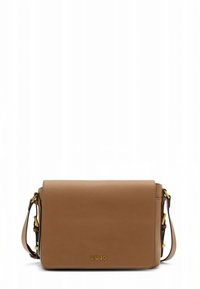 Brown leather crossbody bag with a flap design, gold hardware accents, and an adjustable strap. Features a textured surface and brand logo.
