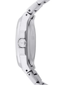 Silverfärgad klocka i rostfritt stål med ett hexagonalt hölje, synlig krona och en polerad yta. Armbandet har länkar med borstade detaljer.