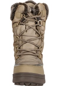 Bruna snöboots med syntetiskt ovansidan, fuskpälskrage, metalldetaljer och platta snören. Tjock gummisula för bra grepp. Isolerad design.