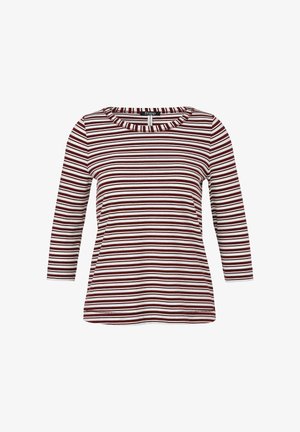 Maroon and white striped long-sleeve shirt with a round neckline, made of soft fabric, featuring a relaxed fit and straight hem.