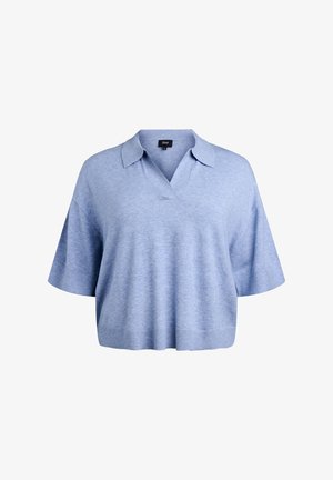 Light blue knitted polo shirt with short sleeves, a v-neck collar, and a relaxed fit. Smooth texture with ribbed hem detailing.