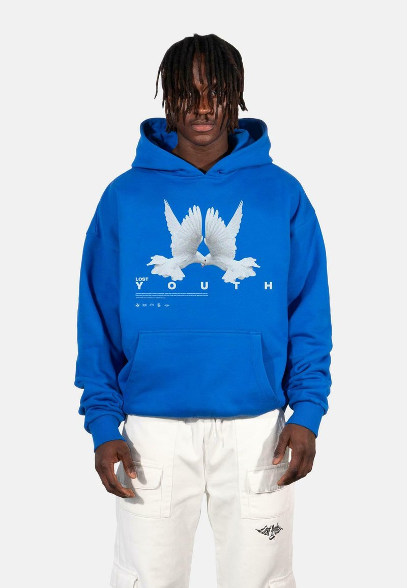 Blue hoodie made of cotton blend with a front pocket, featuring a graphic of two white doves and the text "LOST YOUTH" below.
