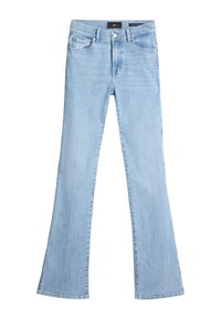 Jeans a zampa d'elefante di colore azzurro chiaro, realizzati in denim, con vita alta, design a cinque tasche e una leggera sbiaditura lungo le gambe.