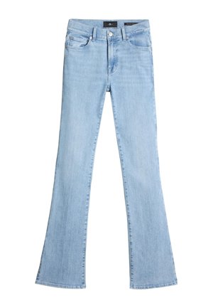 Lysblå, flagrende jeans lavet af denim, med høj talje, fem lomme-design og subtilt falmning langs benene.