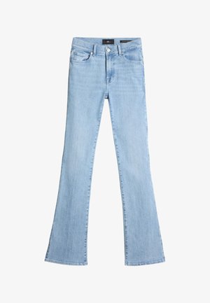 Lysblå, flagrende jeans lavet af denim, med høj talje, fem lomme-design og subtilt falmning langs benene.