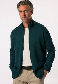 Tyrkysová mikina na zip s vysokým límcem, žebrovanými manžetami a bočními kapsami, nošená přes světle šedé tričko a spárovaná se světlými kalhotami.