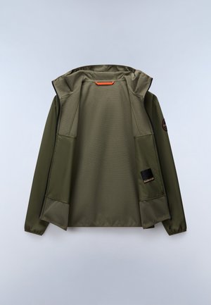 Veste imperméable vert olive avec fermeture éclair, capuche réglable et deux poches latérales. Présente une texture lisse et des détails contrastés.