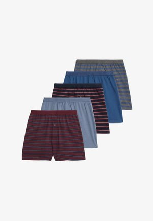 Vijf paar boxers in verschillende kleuren: bordeauxrood met blauwe strepen, lichtblauw, donkerblauw, grijs met strepen en marineblauw. Gemaakt van zacht katoen.