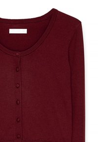 Burgundy cardigan made from soft fabric, featuring a V-neck, button front, and ribbed neckline and cuffs. Smooth texture with minimal embellishment.