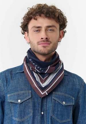 Young man with curly hair wearing a striped brown and navy scarf and a blue denim button-up shirt, facing forward with neutral expression.