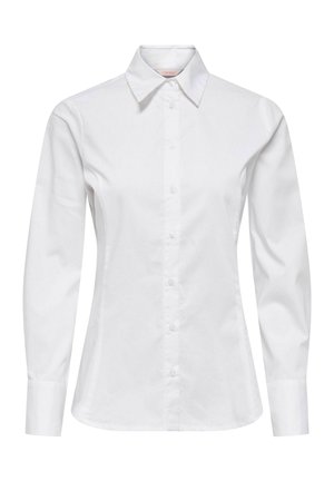 Valge läikiv pikka varrukat nööbitav pluus krae ja mansettidega, vöökoha juures liibuvaks kujundatud.