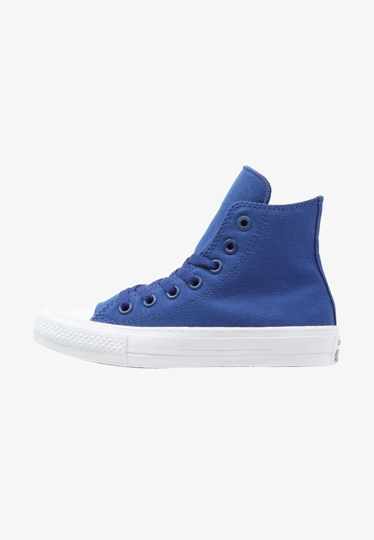 Canvas high-top sneaker in vibrant blue with white rubber sole, six eyelets, and textured accents on toe cap and heel.