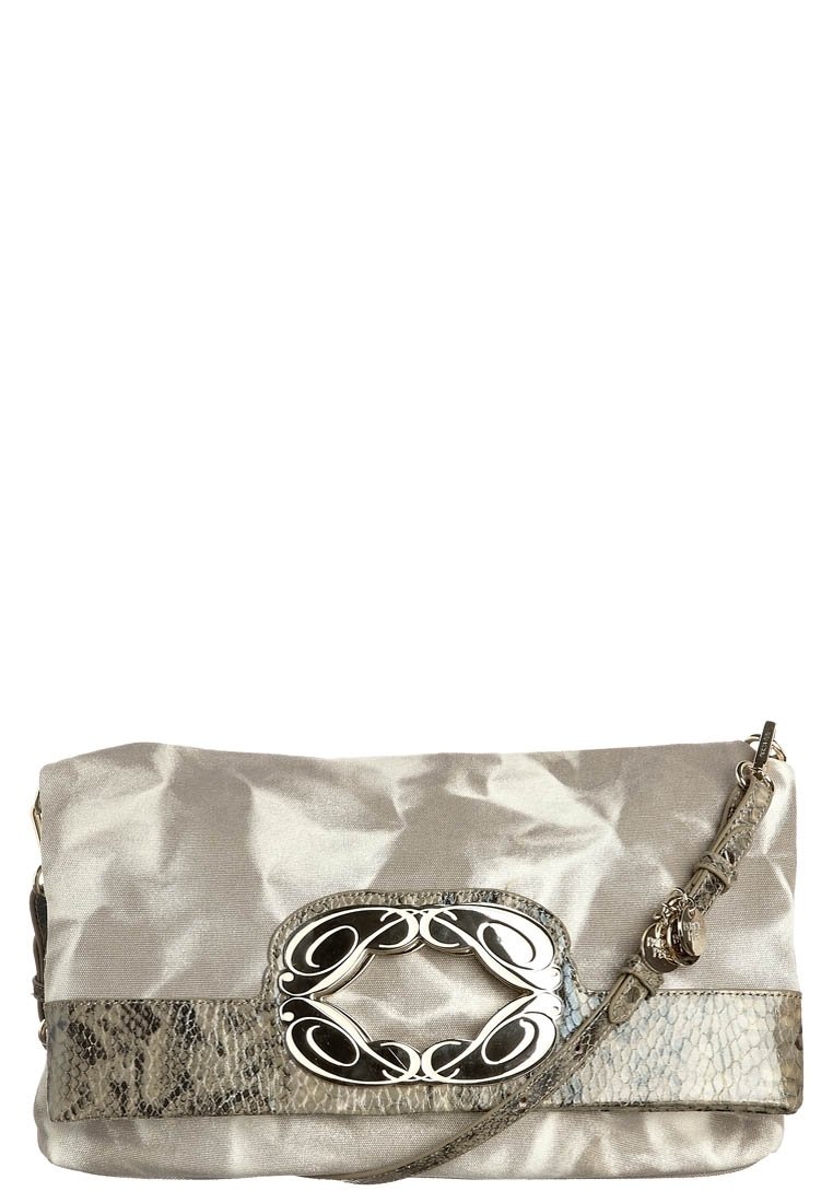 Béžová saténová kabelka s texturovaným prvkem z hadí kůže, dekorativní stříbrnou kováním a odnímatelným popruhem. Velké centrální zdobení na přední straně.