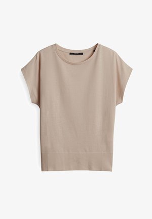 Beige kurzärmeliges Baumwolloberteil mit lockerer Passform, rundem Halsausschnitt und geripptem Saum. Weiche Textur, minimalistisches Design.