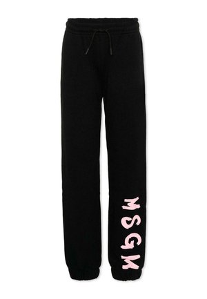 Czarne spodnie dresowe z elastycznym pasem i mankietami, z dużym różowym napisem MSGM pionowo na lewym nogawce.