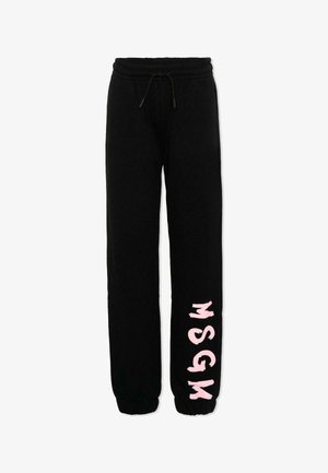 Pantalon de survêtement noir avec taille et poignets élastiques, arborant un grand lettrage MSGM rose vertical sur la jambe gauche.