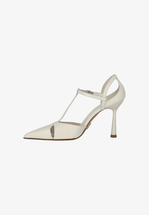 Décolleté in pelle bianco sporco con punta a punta, cinturino a T, lati aperti e tacco a stiletto sottile.