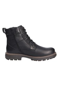 Botín negro de cuero hasta el tobillo con cordones en la parte delantera y cremallera lateral. Presenta una suela robusta con tracción, textura suave y puntera reforzada.