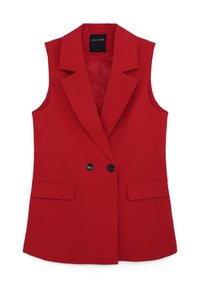 Blazer rosso senza maniche con colletto a punta, chiusura a doppio bottone e due tasche frontali. Realizzato in un tessuto liscio senza motivi visibili.