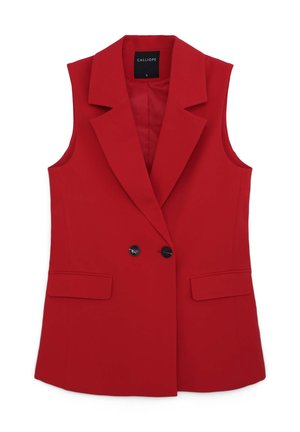 Red sleeveless blazer with a notched collar, double-button closure, and two front pockets. Made from a smooth fabric with no visible pattern.