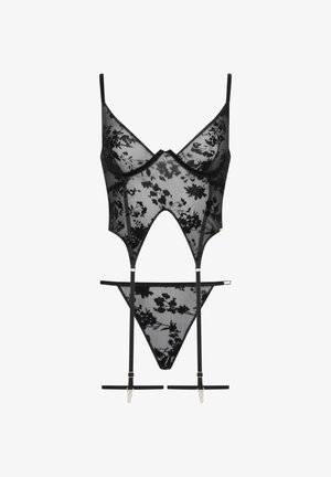 Schwarzes Dessous-Set aus durchscheinender floralem Spitze, mit verstellbaren Trägern, Bügeln und einem Cut-Out-Design sowie passendem String.