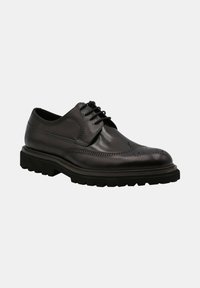 Chaussures oxford en cuir noir avec un motif brogue, bout rond, design à lacets, et une épaisse semelle en caoutchouc noir robuste.