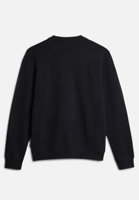 Sudadera azul marino con cuello redondo, mangas largas, puños y dobladillo de canalé, hecha de un suave tejido texturizado. Sin marcas visibles.