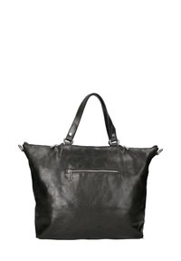 Borsa a tracolla nera in pelle con una texture liscia, manici superiori, tasca esterna con zip e dettagli in metallo argentato. Forma spaziosa e rettangolare.