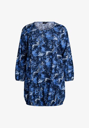 Zila un balta marmora raksta kleita ar garām piedurknēm, apaļu kakla izgriezumu un sakņu malu, izgatavota no viegla auduma.