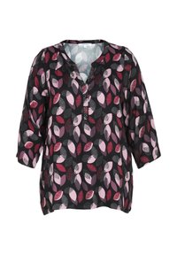 Blouse noire avec un motif de feuilles en nuances de rouge, rose et gris. Encolure en V avec un détail de bouton et manches trois-quarts. Tissu léger.