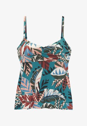 Sleeveless teal top with adjustable straps, featuring a multicolor abstract tropical leaf pattern in pink, brown, blue, white, and green.
